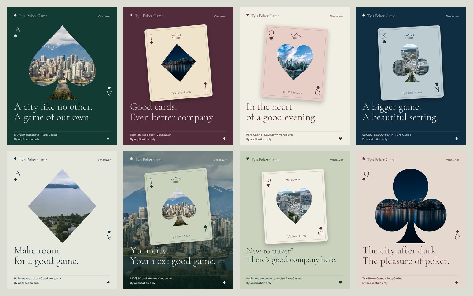 Eight Ty’s Poker Game city-and-card graphics in evergreen, burgundy, midnight blue, ivory and sage